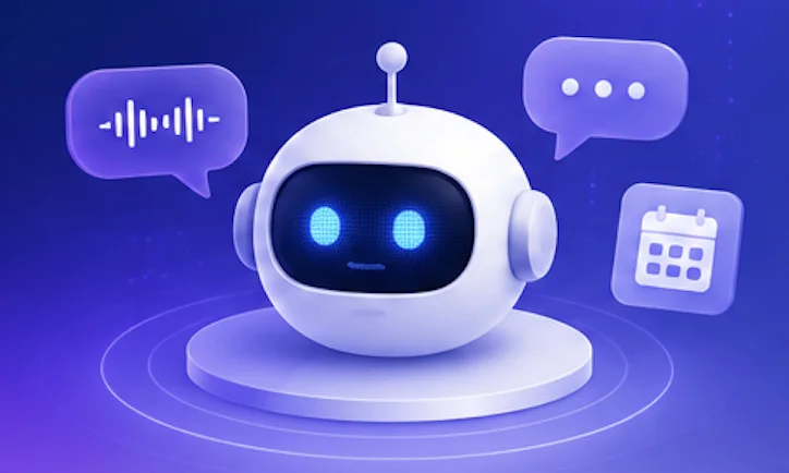 A friendly AI assistant robot surrounded by voice, chat, and calendar icons