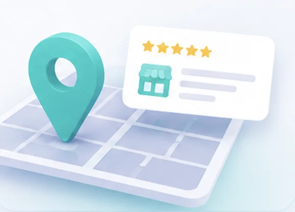 A map pin beside a business listing card with a five-star rating