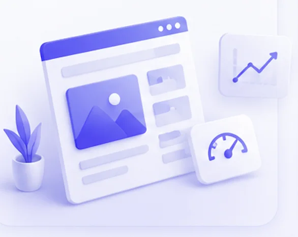A website builder mockup with a rising performance chart and a speed gauge